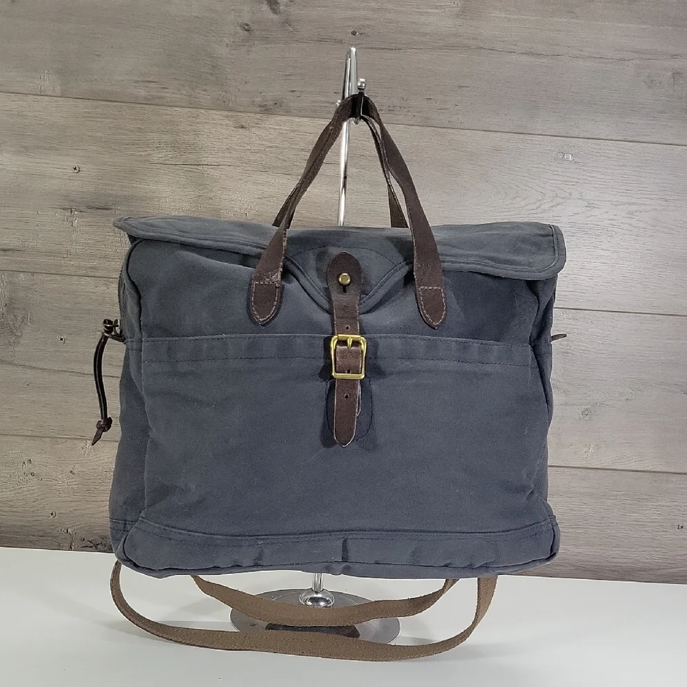 Men's JCrew Waxed Canvas Bag in Blue with Brown Leather Trim Messenger Bag